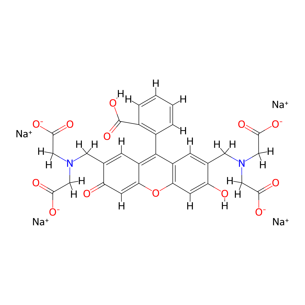 Benzoic acid, 2-(2,7-bis((bis(carboxymethyl)amino)methyl)-6-hydroxy-3-oxo-3H-xanthen-9-yl)-, sodium salt (1:4) molecular structure, CAS 62698-56-0