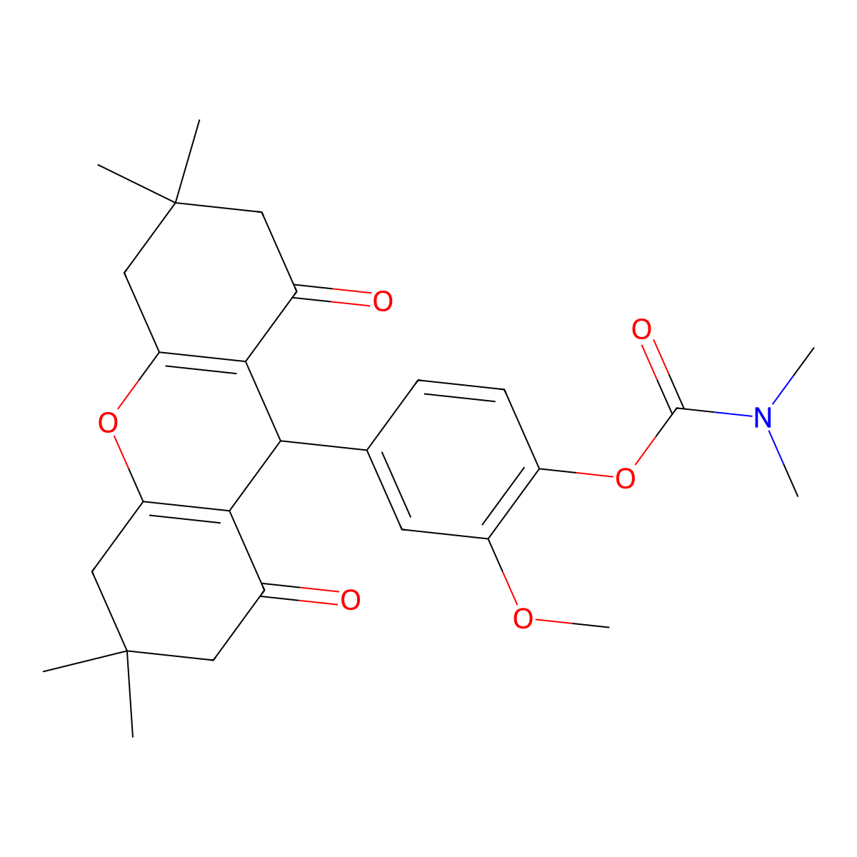 2-methoxy-4-(3,3,6,6-tetramethyl-1,8-dioxo-2,3,4,5,6,7,8,9-octahydro-1H-xanthen-9-yl)phenyl dimethylcarbamate molecular structure, CAS 6270-61-7