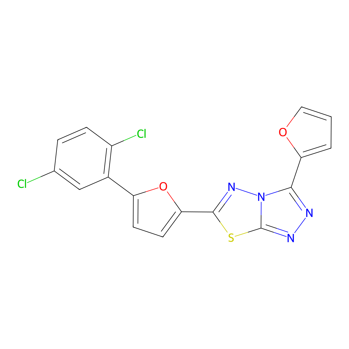 6-[5-(2,5-Dichlorophenyl)furan-2-yl]-3-(furan-2-yl)-[1,2,4]triazolo[3,4-b][1,3,4]thiadiazole molecular structure, CAS 627042-47-1