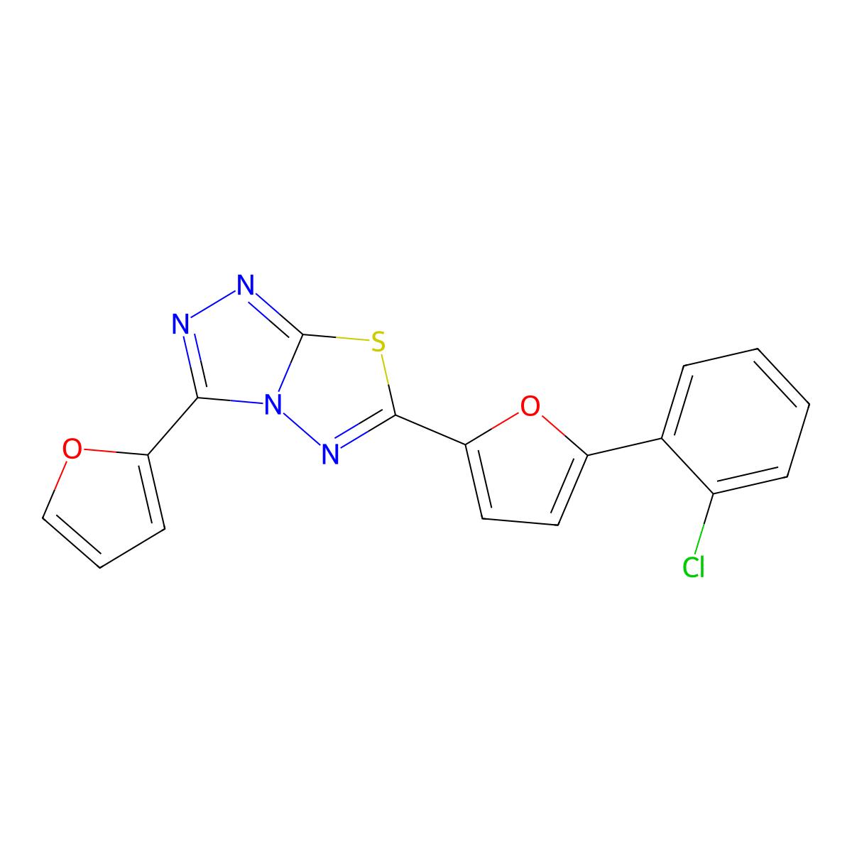 6-[5-(2-Chlorophenyl)furan-2-yl]-3-(furan-2-yl)-[1,2,4]triazolo[3,4-b][1,3,4]thiadiazole molecular structure, CAS 627042-90-4