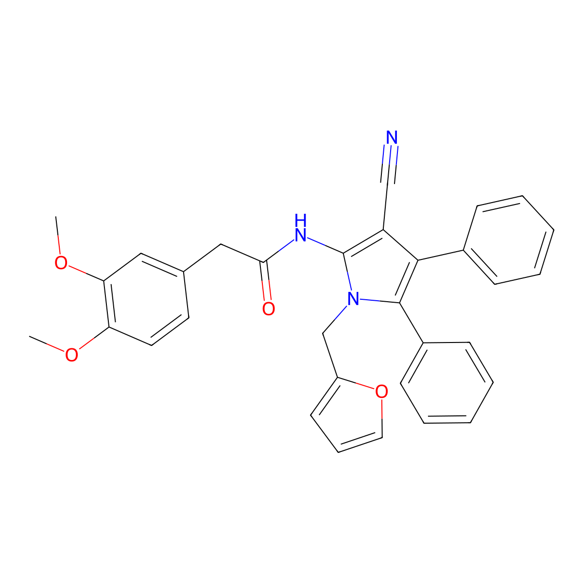 N-[3-cyano-1-(furan-2-ylmethyl)-4,5-diphenylpyrrol-2-yl]-2-(3,4-dimethoxyphenyl)acetamide molecular structure, CAS 627053-01-4