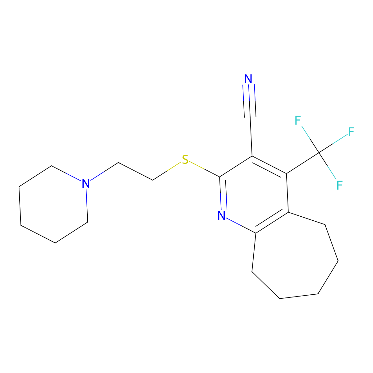 2-(2-piperidin-1-ylethylsulfanyl)-4-(trifluoromethyl)-6,7,8,9-tetrahydro-5H-cyclohepta[b]pyridine-3-carbonitrile molecular structure, CAS 627053-19-4