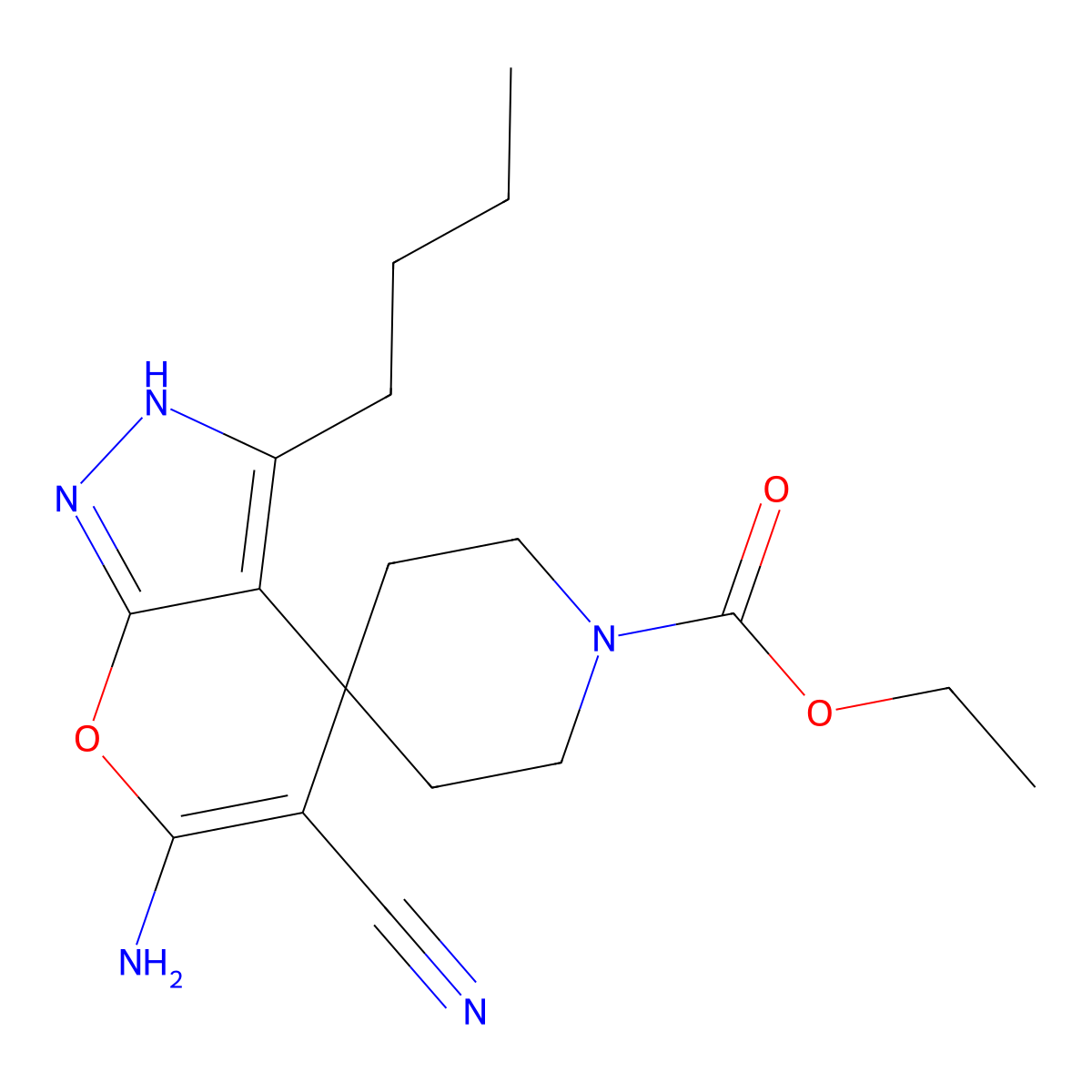 ethyl 6-amino-3-butyl-5-cyanospiro[2H-pyrano[2,3-c]pyrazole-4,4'-piperidine]-1'-carboxylate molecular structure, CAS 627053-23-0