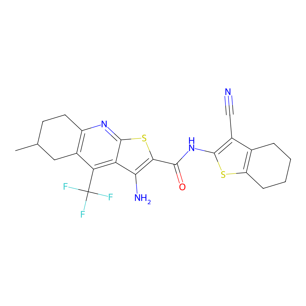 3-amino-N-(3-cyano-4,5,6,7-tetrahydro-1-benzothiophen-2-yl)-6-methyl-4-(trifluoromethyl)-5,6,7,8-tetrahydrothieno[2,3-b]quinoline-2-carboxamide molecular structure, CAS 627053-26-3