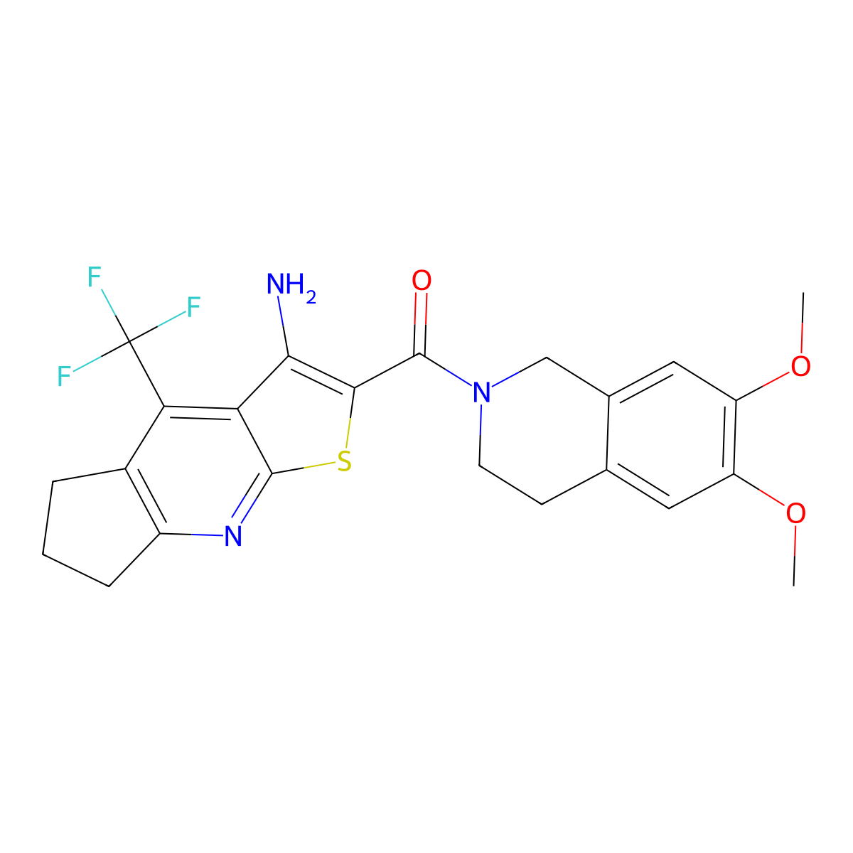 (3-Amino-4-(trifluoromethyl)-6,7-dihydro-5H-cyclopenta[b]thieno[3,2-e]pyridin-2-yl)(6,7-dimethoxy-3,4-dihydroisoquinolin-2(1H)-yl)methanone molecular structure, CAS 627053-27-4