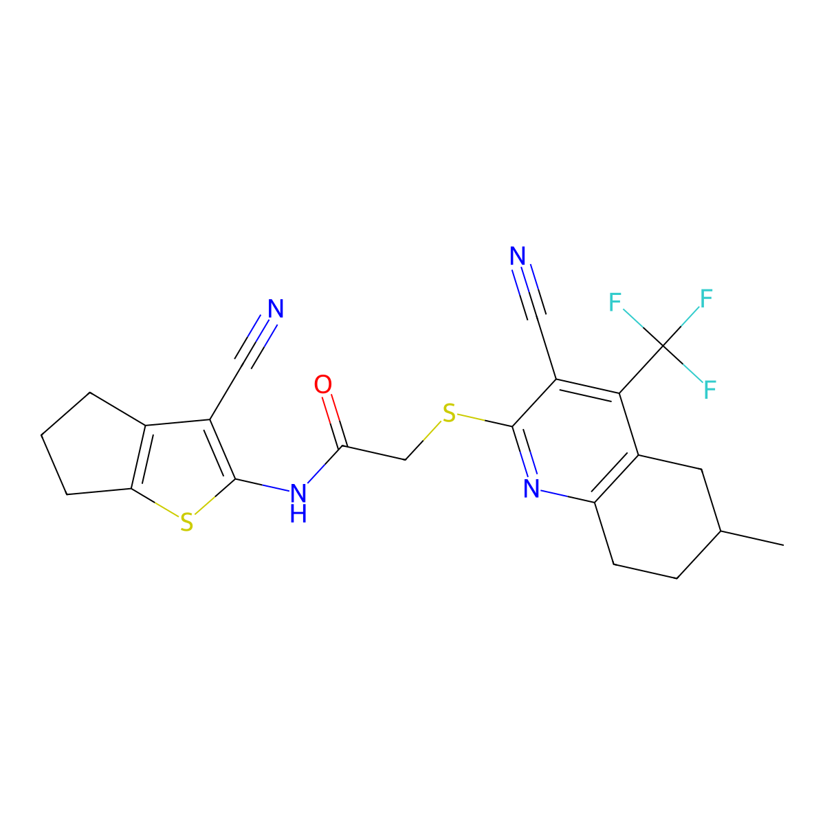 N-(3-cyano-5,6-dihydro-4H-cyclopenta[b]thiophen-2-yl)-2-[[3-cyano-6-methyl-4-(trifluoromethyl)-5,6,7,8-tetrahydroquinolin-2-yl]sulfanyl]acetamide molecular structure, CAS 627053-28-5