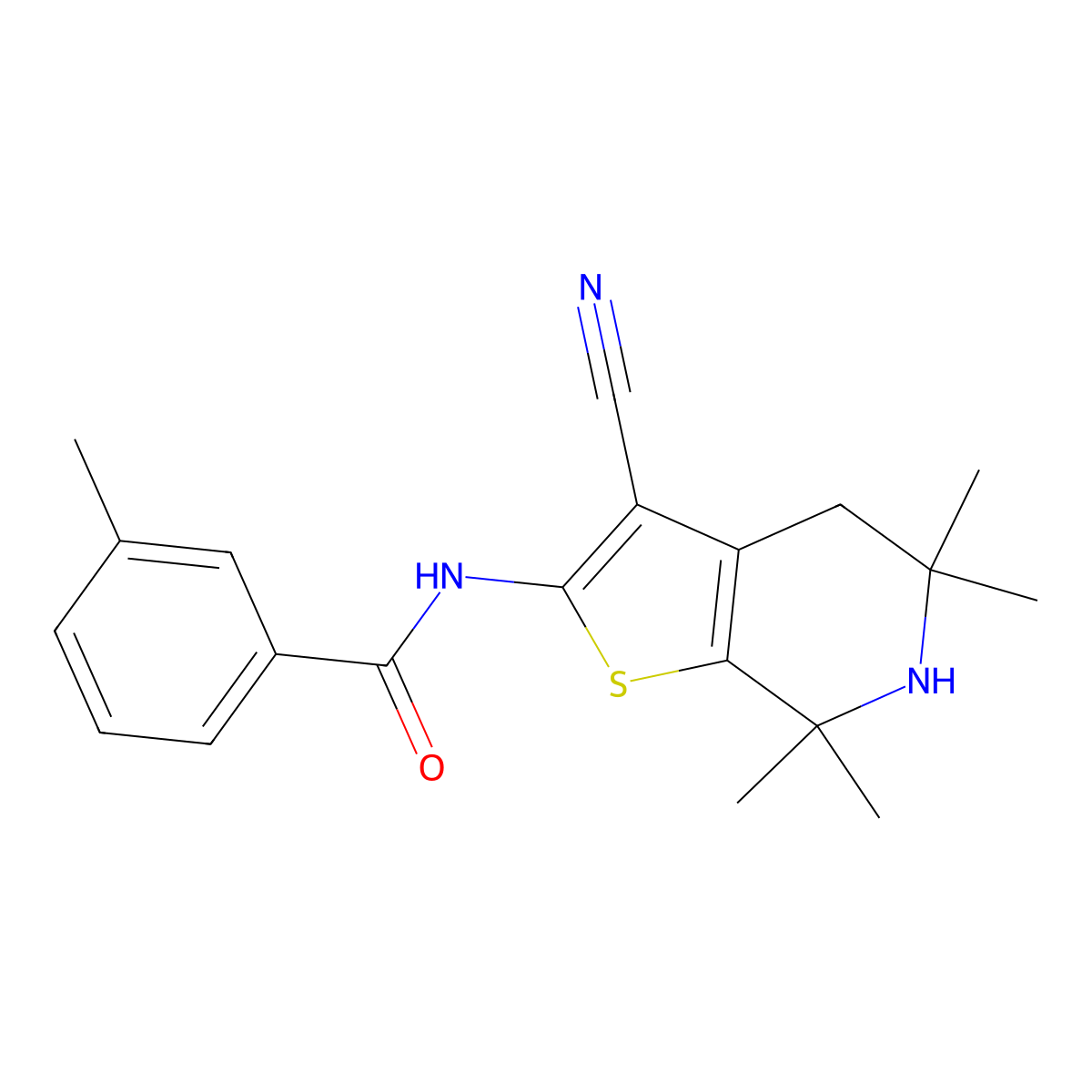 N-(3-cyano-5,5,7,7-tetramethyl-4,5,6,7-tetrahydrothieno[2,3-c]pyridin-2-yl)-3-methylbenzamide molecular structure, CAS 627053-39-8