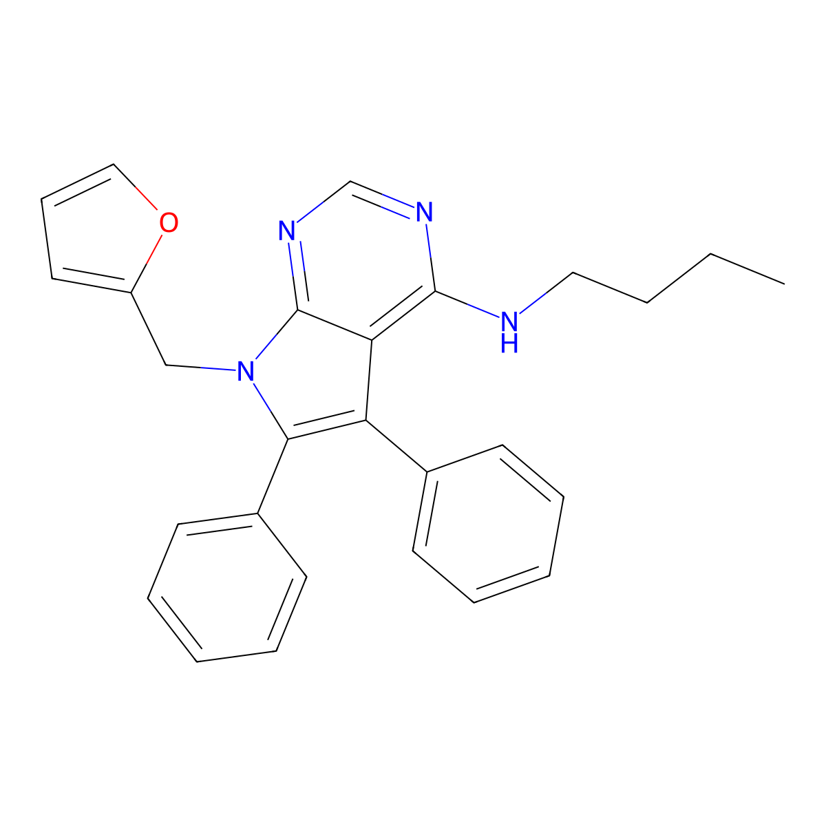N-butyl-7-(furan-2-ylmethyl)-5,6-diphenylpyrrolo[2,3-d]pyrimidin-4-amine molecular structure, CAS 627053-72-9