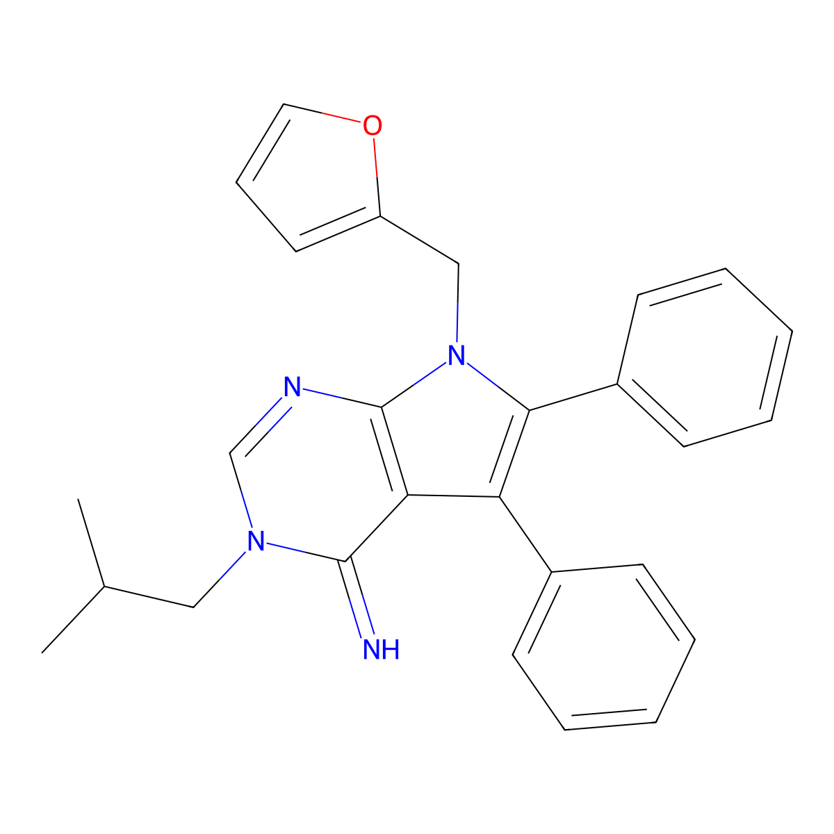 7-(2-furylmethyl)-3-isobutyl-5,6-diphenyl-3,7-dihydro-4H-pyrrolo[2,3-d]pyrimidin-4-imine molecular structure, CAS 627053-73-0