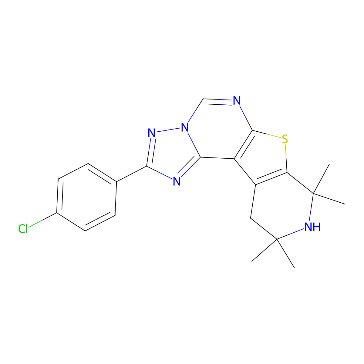2-(4-Chlorophenyl)-8,8,10,10-tetramethyl-8,9,10,11-tetrahydropyrido[4',3':4,5]thieno[3,2-e][1,2,4]triazolo[1,5-c]pyrimidine molecular structure, CAS 627053-85-4