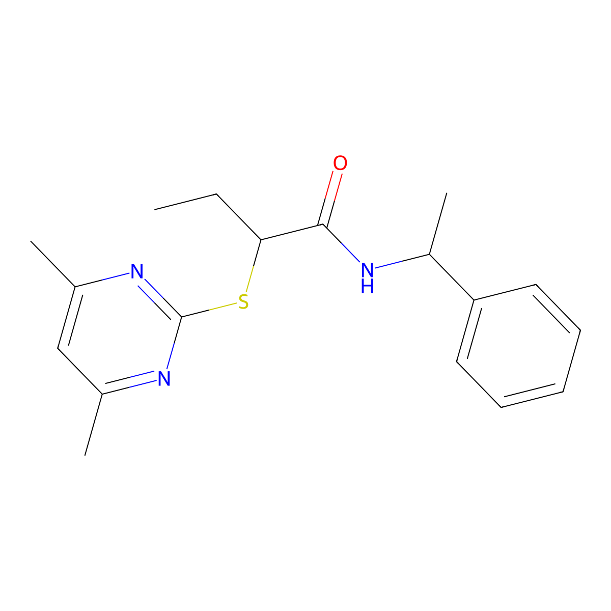2-(4,6-dimethylpyrimidin-2-yl)sulfanyl-N-(1-phenylethyl)butanamide molecular structure, CAS 627057-67-4