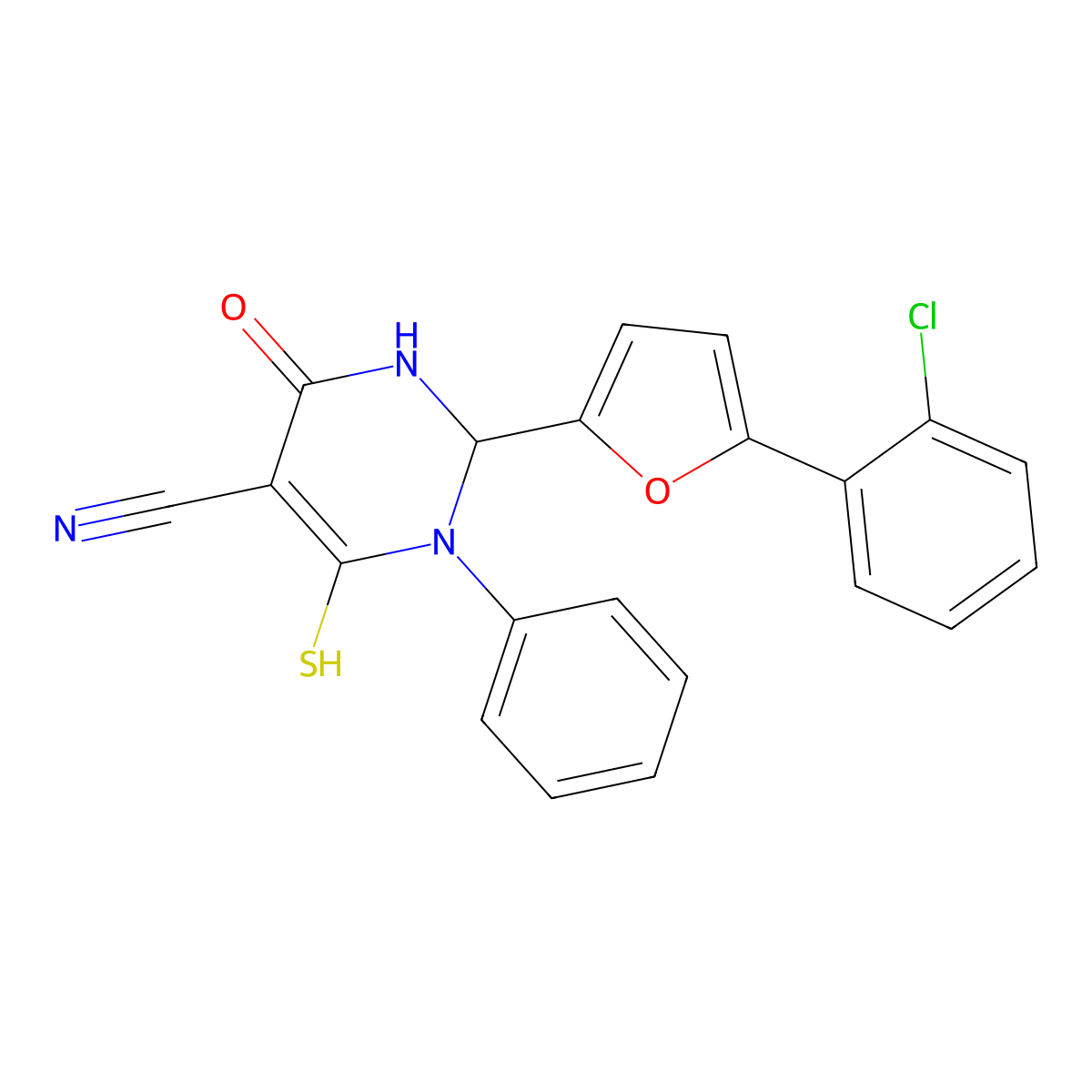 2-[5-(2-Chlorophenyl)furan-2-yl]-6-oxo-3-phenyl-4-sulfanyl-1,2-dihydropyrimidine-5-carbonitrile molecular structure, CAS 627071-44-7