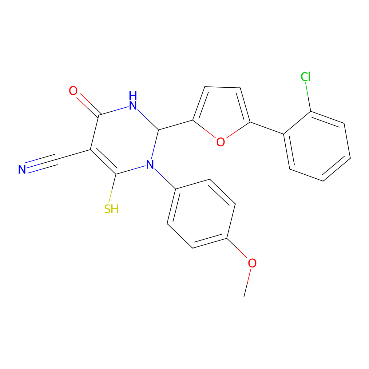 2-[5-(2-Chlorophenyl)furan-2-yl]-3-(4-methoxyphenyl)-6-oxo-4-sulfanyl-1,2-dihydropyrimidine-5-carbonitrile molecular structure, CAS 627071-50-5