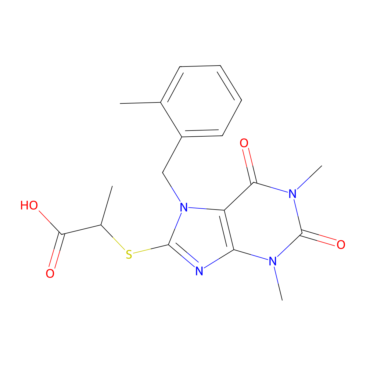 2-[1,3-Dimethyl-7-[(2-methylphenyl)methyl]-2,6-dioxopurin-8-yl]sulfanylpropanoic acid molecular structure, CAS 6273-96-7