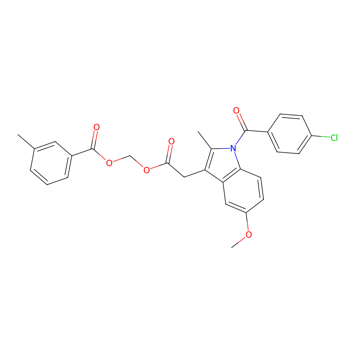 1H-Indole-3-acetic acid, 1-(p-chlorobenzoyl)-5-methoxy-2-methyl-, ((3-methylbenzoyl)oxy)methyl ester molecular structure, CAS 62751-73-9