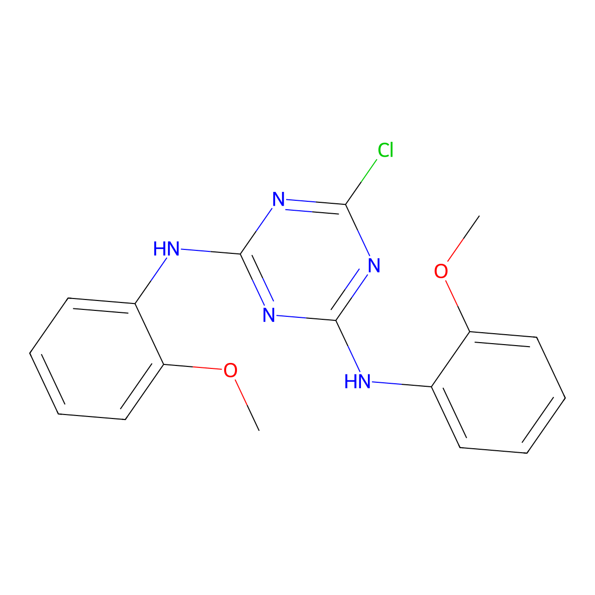 6-chloro-N,N'-bis(2-methoxyphenyl)-1,3,5-triazine-2,4-diamine molecular structure, CAS 62752-06-1