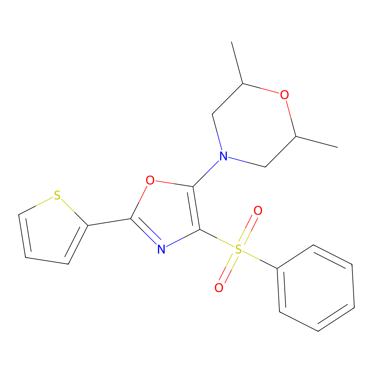 2,6-Dimethyl-4-(4-(phenylsulfonyl)-2-(thiophen-2-yl)oxazol-5-yl)morpholine molecular structure, CAS 627832-92-2