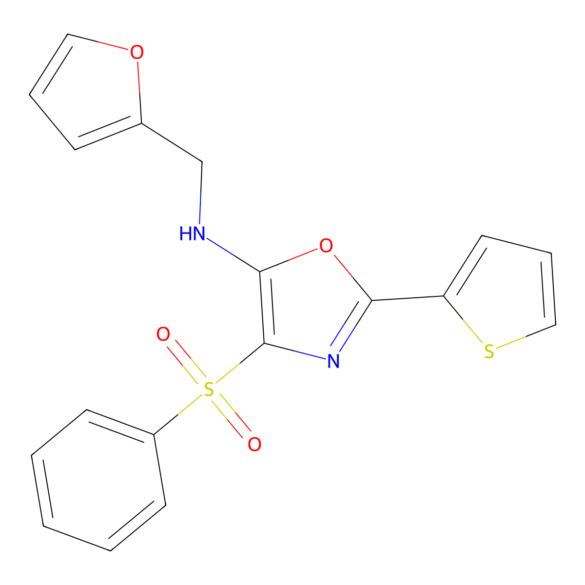 4-(benzenesulfonyl)-N-[(furan-2-yl)methyl]-2-(thiophen-2-yl)-1,3-oxazol-5-amine molecular structure, CAS 627832-94-4