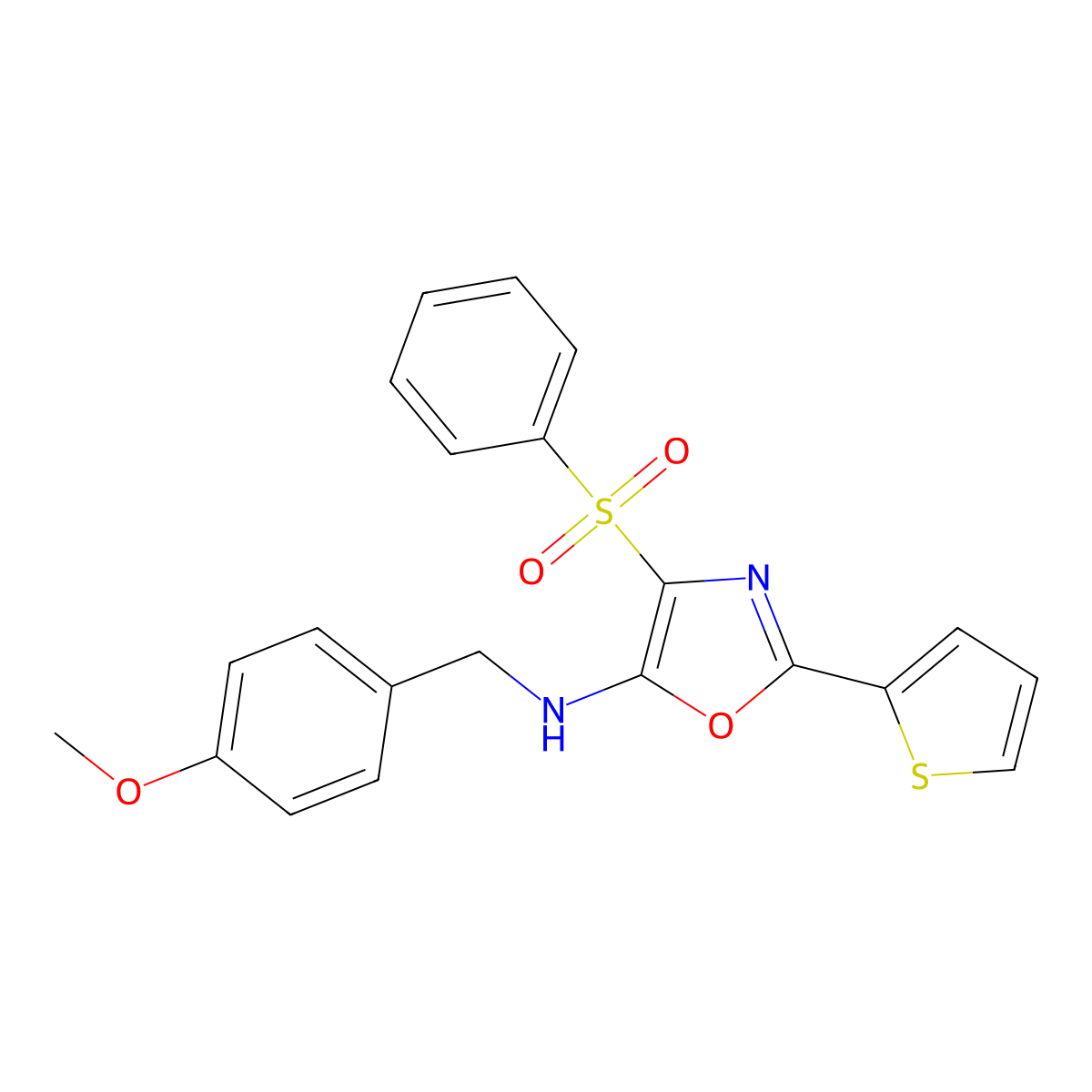 4-(benzenesulfonyl)-N-[(4-methoxyphenyl)methyl]-2-thiophen-2-yl-1,3-oxazol-5-amine molecular structure, CAS 627833-31-2