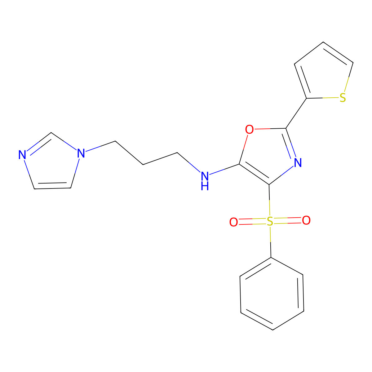 N-[3-(1H-imidazol-1-yl)propyl]-4-(phenylsulfonyl)-2-(2-thienyl)-1,3-oxazol-5-amine molecular structure, CAS 627833-37-8