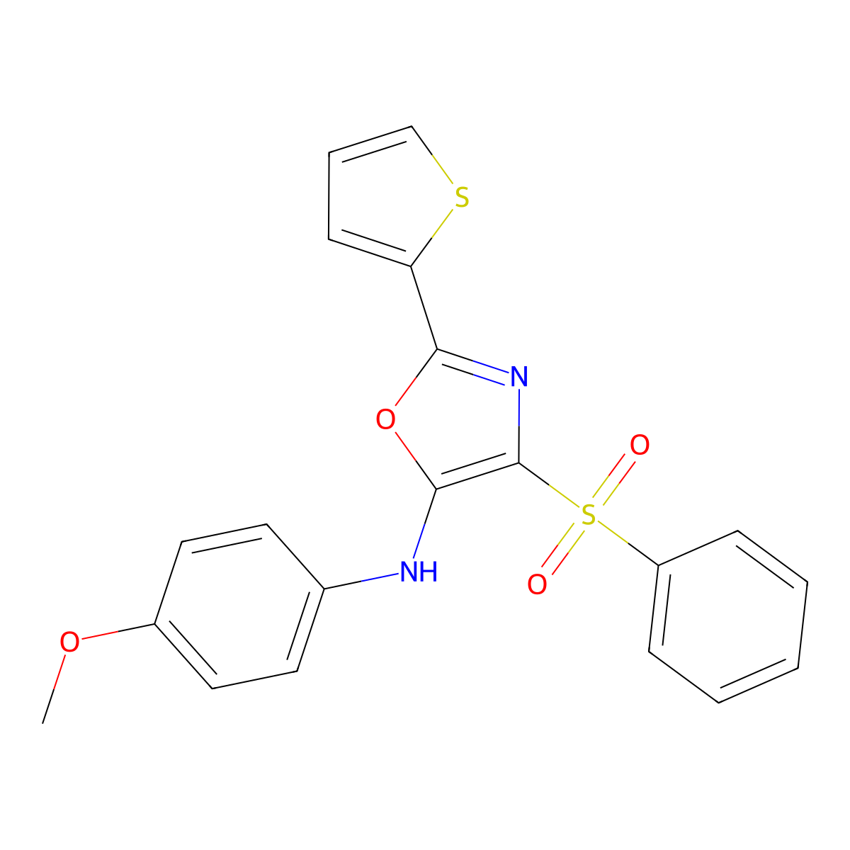 4-(benzenesulfonyl)-N-(4-methoxyphenyl)-2-thiophen-2-yl-1,3-oxazol-5-amine molecular structure, CAS 627833-40-3