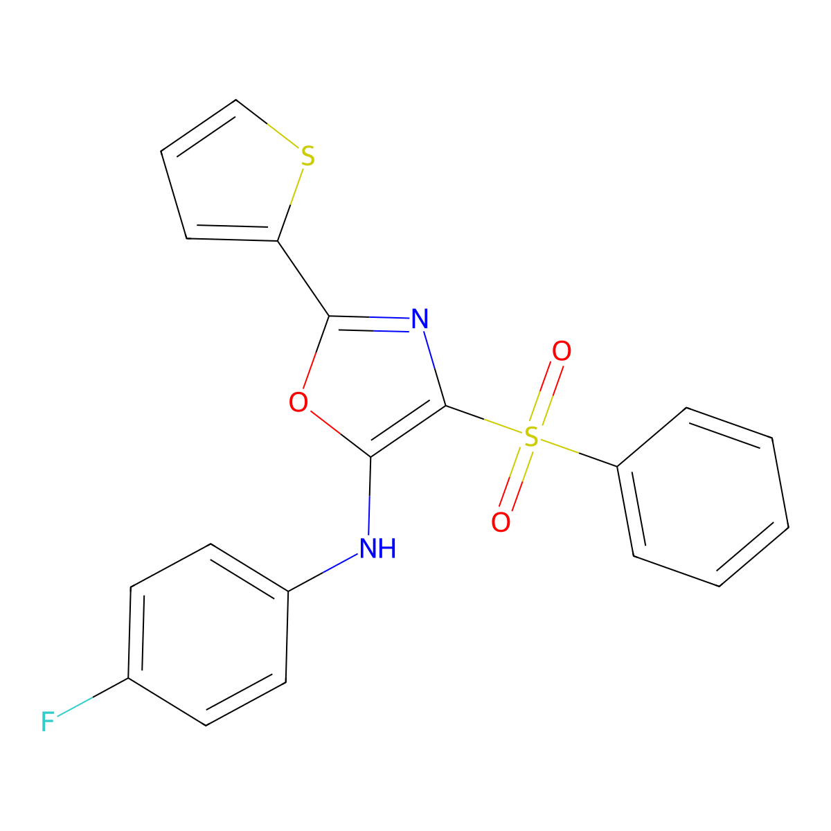 4-(benzenesulfonyl)-N-(4-fluorophenyl)-2-thiophen-2-yl-1,3-oxazol-5-amine molecular structure, CAS 627833-44-7