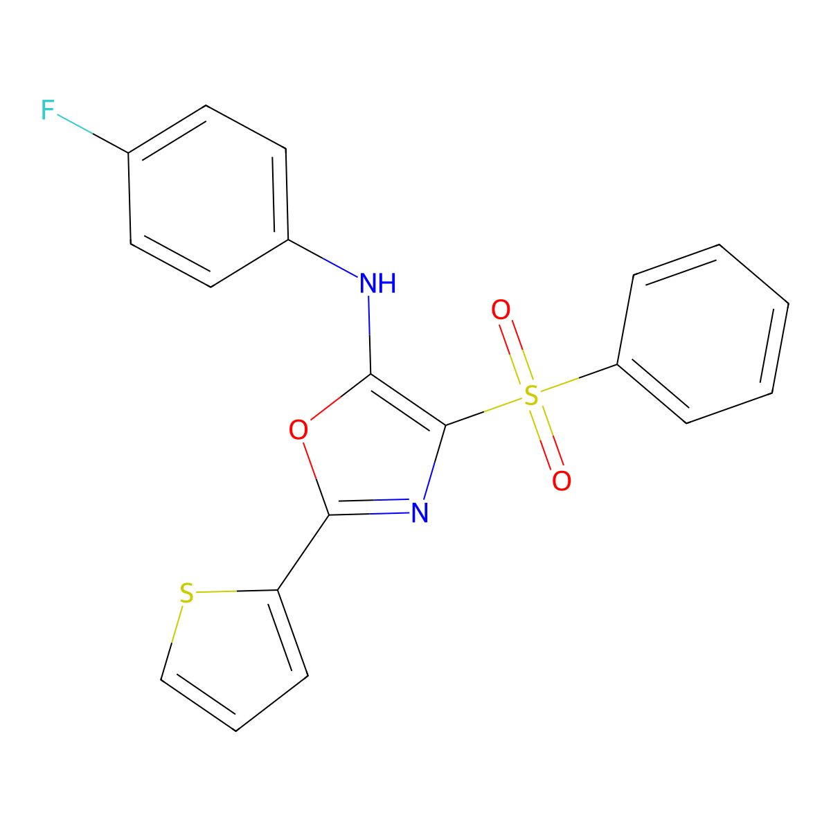 4-(benzenesulfonyl)-N-(4-fluorophenyl)-2-thiophen-2-yl-1,3-oxazol-5-amine molecular structure, CAS 627833-44-7