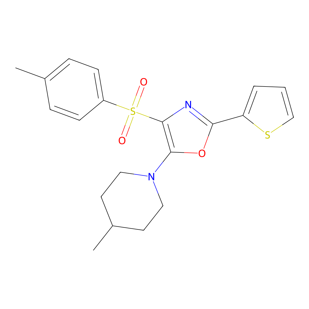 5-(4-Methylpiperidin-1-yl)-2-(thiophen-2-yl)-4-tosyloxazole molecular structure, CAS 627833-56-1