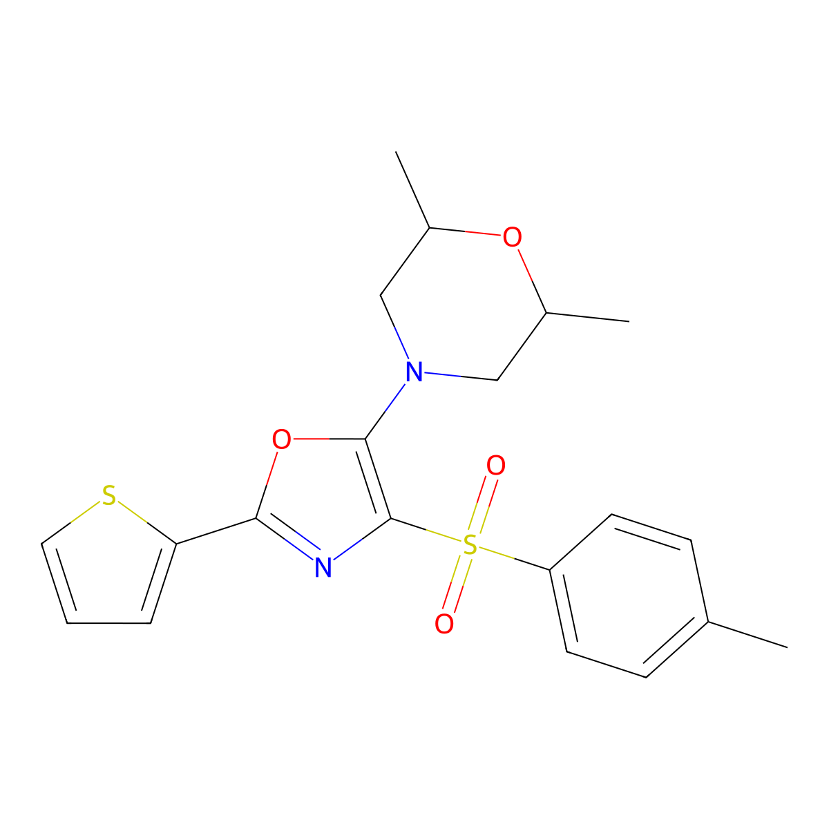 2,6-Dimethyl-4-[4-(4-methylphenyl)sulfonyl-2-thiophen-2-yl-1,3-oxazol-5-yl]morpholine molecular structure, CAS 627833-57-2