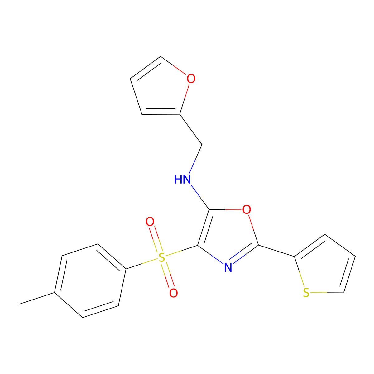 N-(furan-2-ylmethyl)-2-(thiophen-2-yl)-4-tosyloxazol-5-amine molecular structure, CAS 627833-58-3