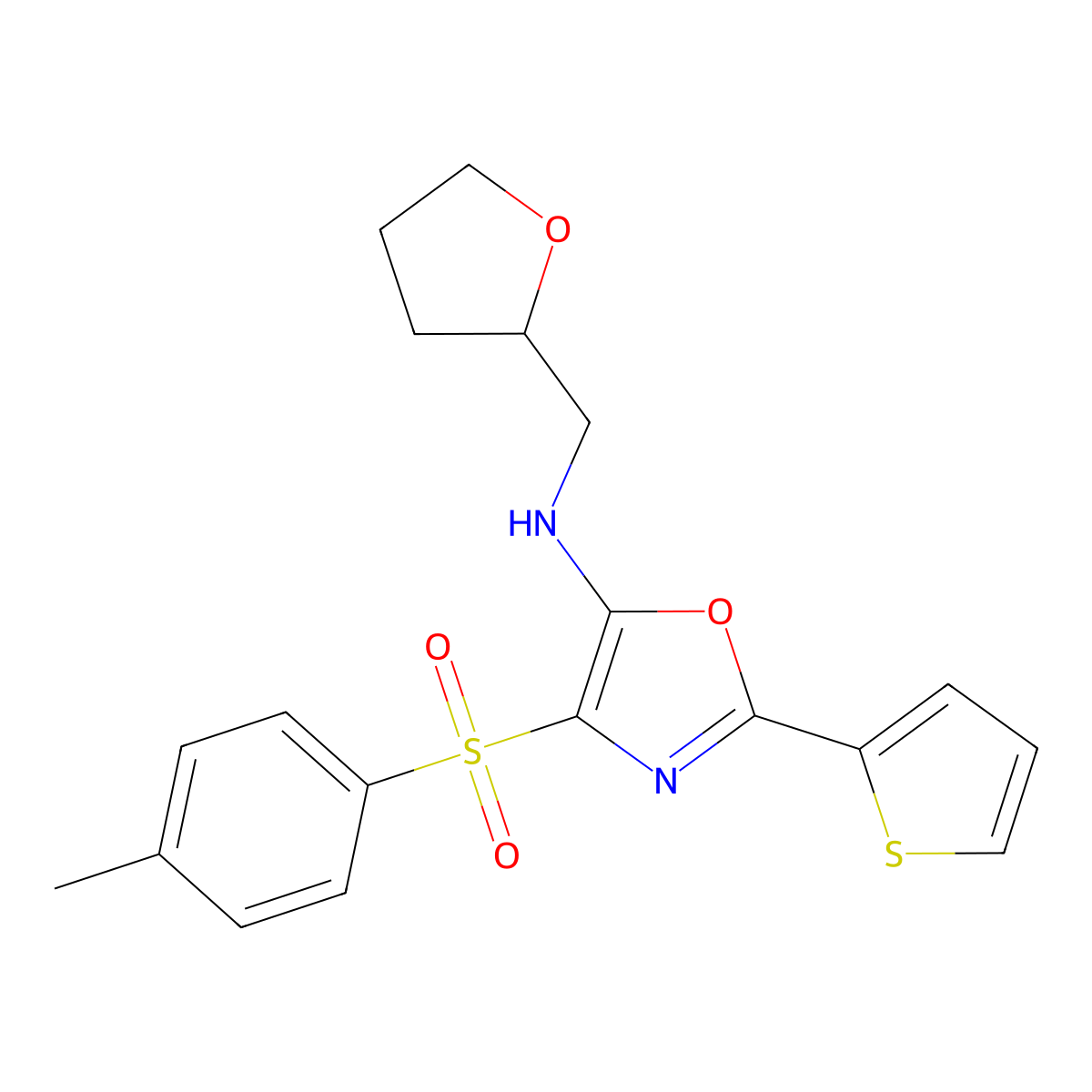 4-(4-methylphenyl)sulfonyl-N-(oxolan-2-ylmethyl)-2-thiophen-2-yl-1,3-oxazol-5-amine molecular structure, CAS 627833-59-4