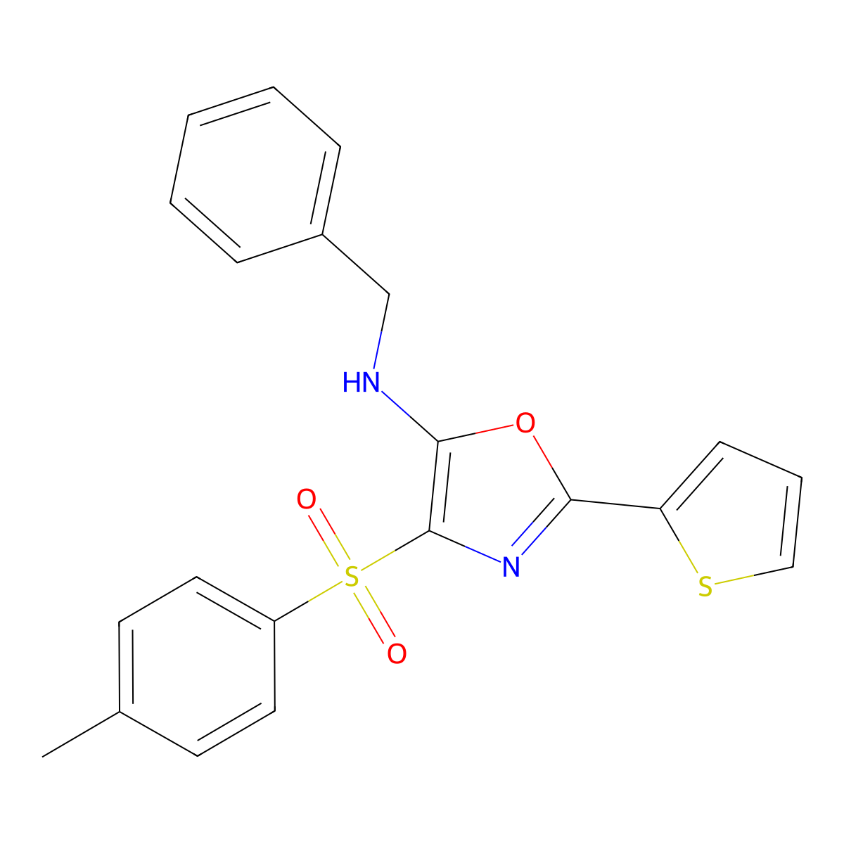 N-benzyl-4-(4-methylphenyl)sulfonyl-2-thiophen-2-yl-1,3-oxazol-5-amine molecular structure, CAS 627833-60-7