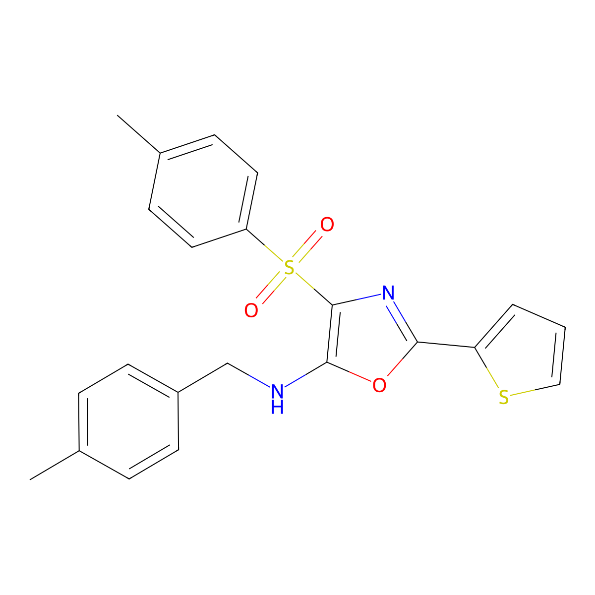 N-[(4-methylphenyl)methyl]-4-(4-methylphenyl)sulfonyl-2-thiophen-2-yl-1,3-oxazol-5-amine molecular structure, CAS 627833-61-8