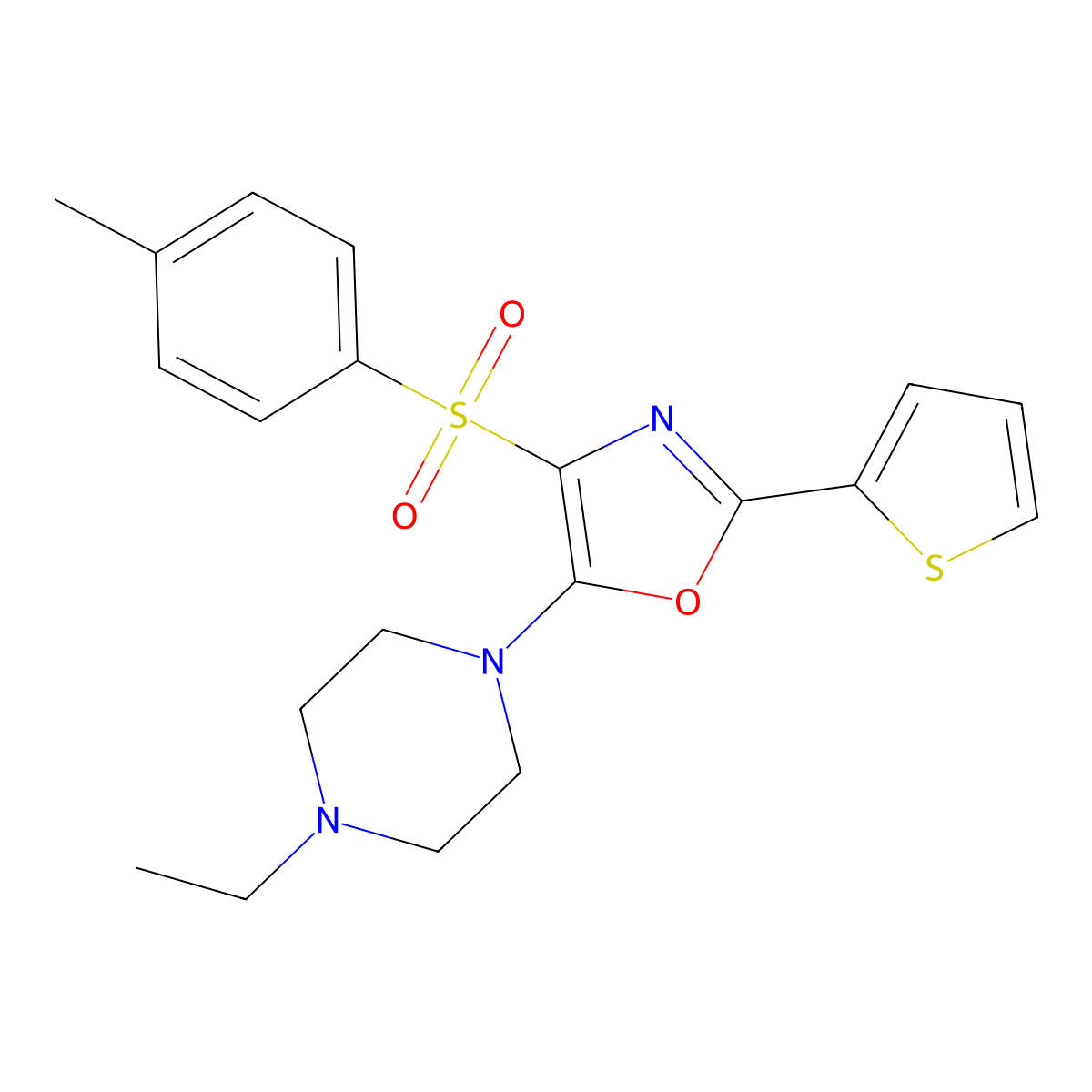 5-(4-Ethylpiperazin-1-yl)-2-(thiophen-2-yl)-4-tosyloxazole molecular structure, CAS 627833-79-8
