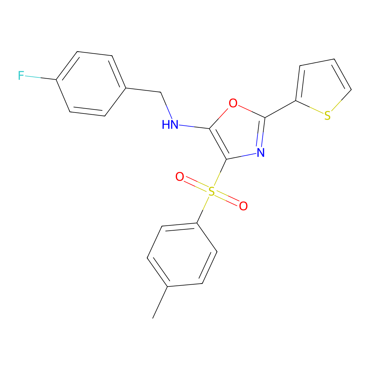 N-[(4-fluorophenyl)methyl]-4-(4-methylphenyl)sulfonyl-2-thiophen-2-yl-1,3-oxazol-5-amine molecular structure, CAS 627833-80-1