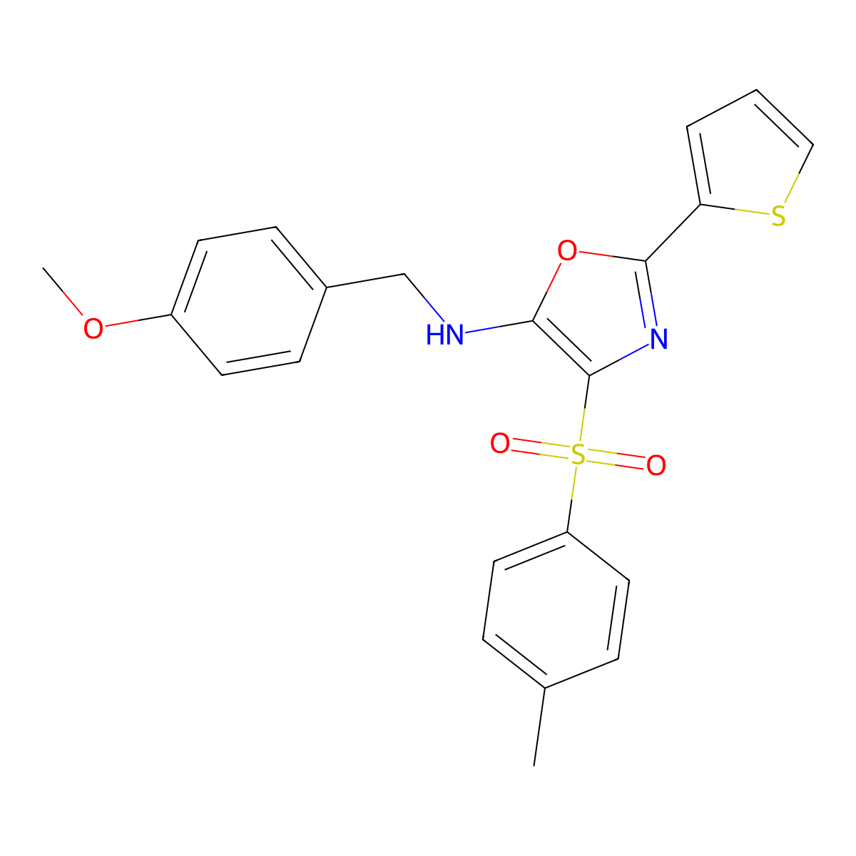 N-[(4-methoxyphenyl)methyl]-4-(4-methylphenyl)sulfonyl-2-thiophen-2-yl-1,3-oxazol-5-amine molecular structure, CAS 627833-85-6