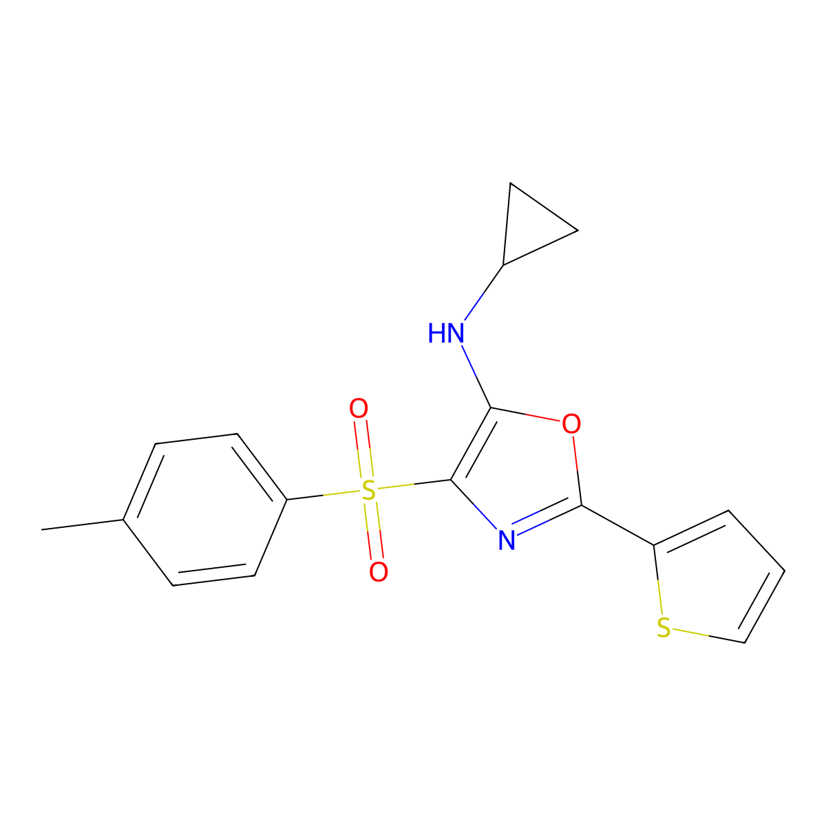 N-cyclopropyl-4-(4-methylphenyl)sulfonyl-2-thiophen-2-yl-1,3-oxazol-5-amine molecular structure, CAS 627833-88-9