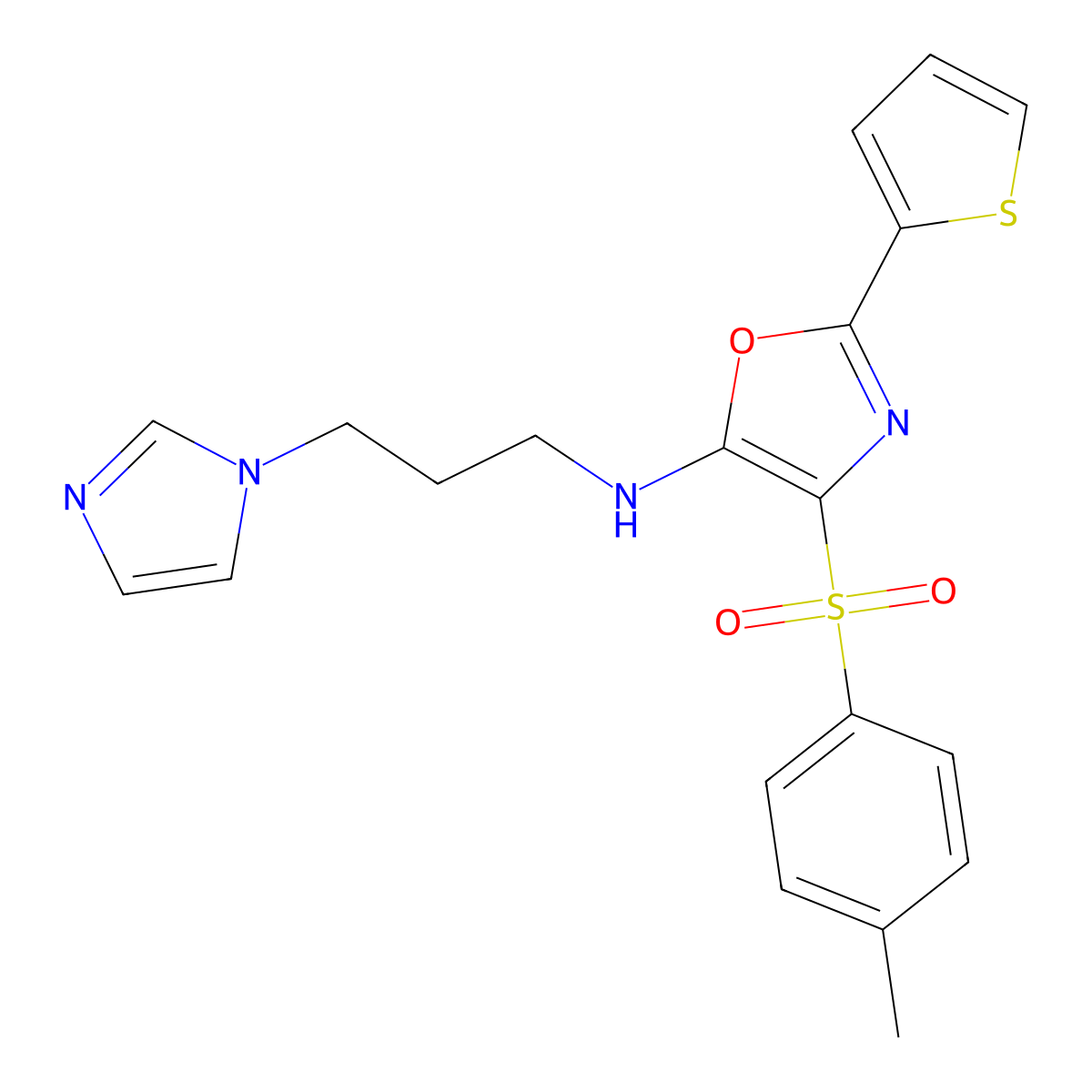 N-(3-imidazol-1-ylpropyl)-4-(4-methylphenyl)sulfonyl-2-thiophen-2-yl-1,3-oxazol-5-amine molecular structure, CAS 627833-91-4