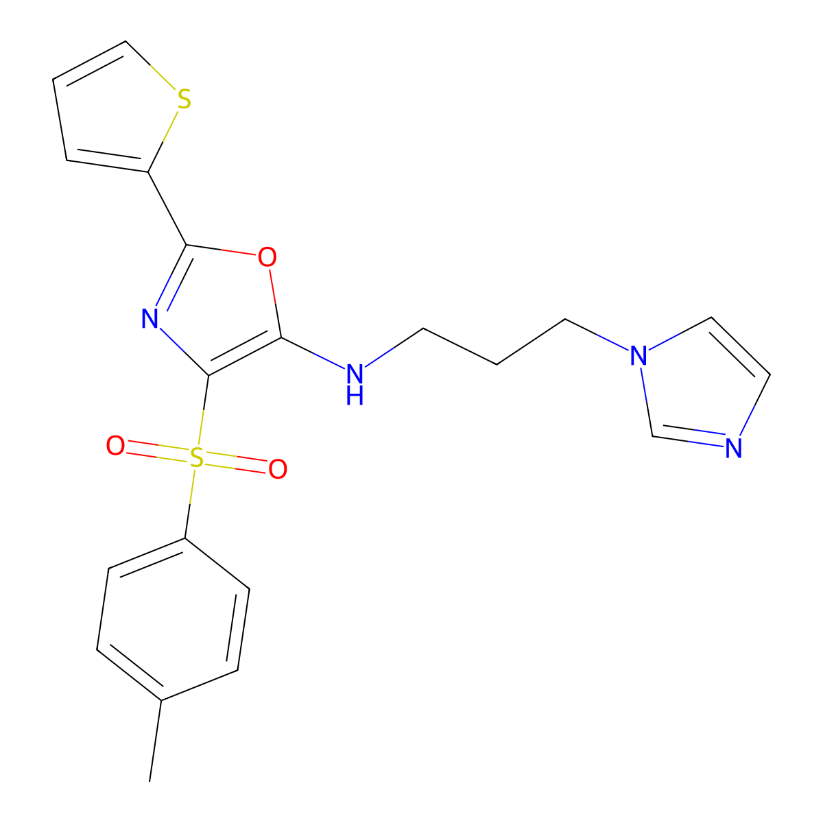 N-(3-imidazol-1-ylpropyl)-4-(4-methylphenyl)sulfonyl-2-thiophen-2-yl-1,3-oxazol-5-amine molecular structure, CAS 627833-91-4