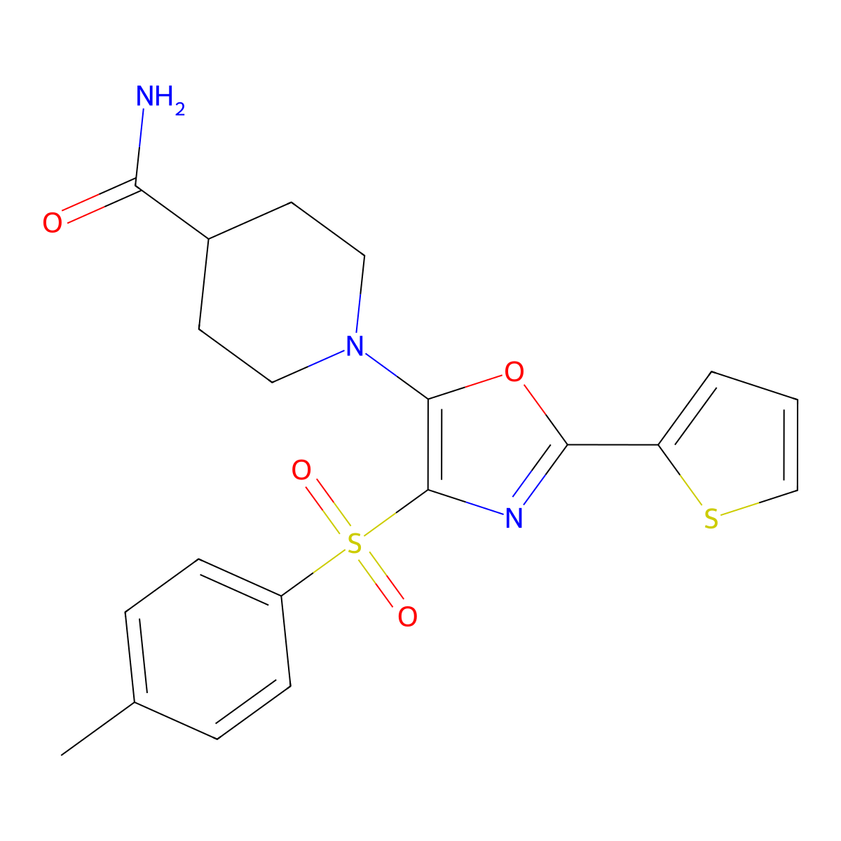 1-(2-(Thiophen-2-yl)-4-tosyloxazol-5-yl)piperidine-4-carboxamide molecular structure, CAS 627834-00-8