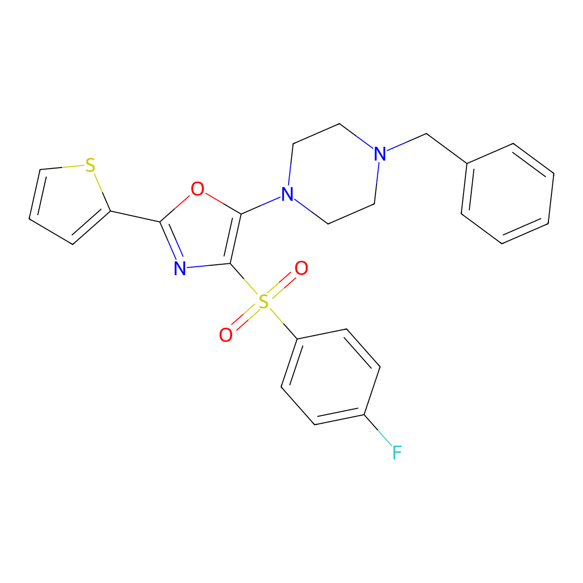5-(4-Benzylpiperazin-1-yl)-4-(4-fluorophenyl)sulfonyl-2-thiophen-2-yl-1,3-oxazole molecular structure, CAS 627834-32-6