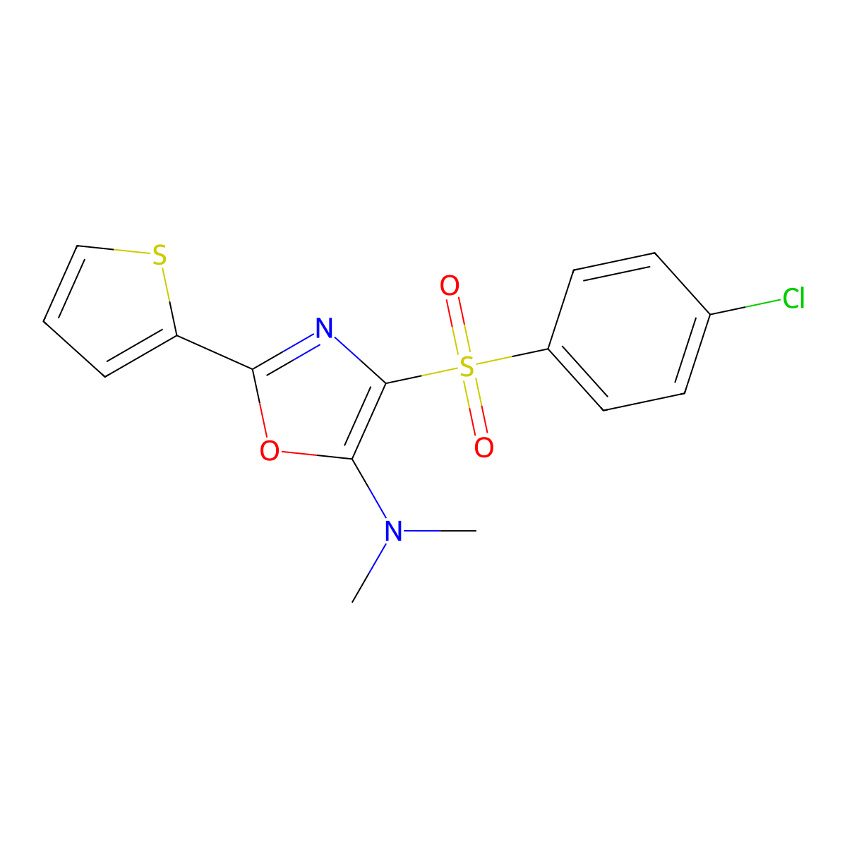 4-(4-chlorophenyl)sulfonyl-N,N-dimethyl-2-thiophen-2-yl-1,3-oxazol-5-amine molecular structure, CAS 627834-58-6