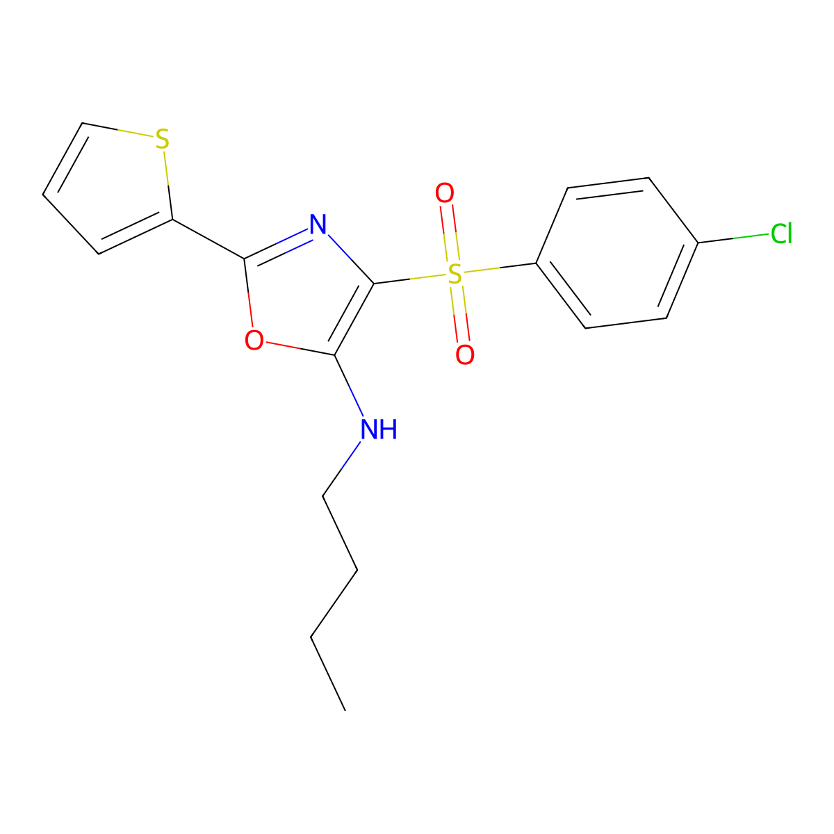 N-butyl-4-(4-chlorophenyl)sulfonyl-2-thiophen-2-yl-1,3-oxazol-5-amine molecular structure, CAS 627834-60-0
