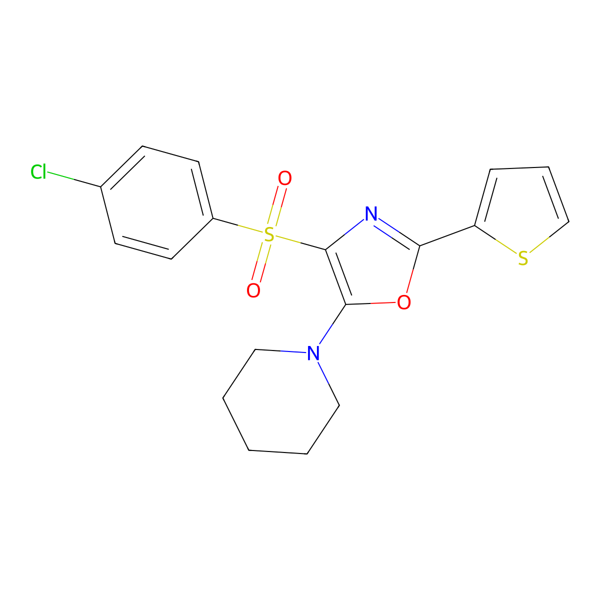 4-((4-Chlorophenyl)sulfonyl)-5-(piperidin-1-yl)-2-(thiophen-2-yl)oxazole molecular structure, CAS 627834-62-2