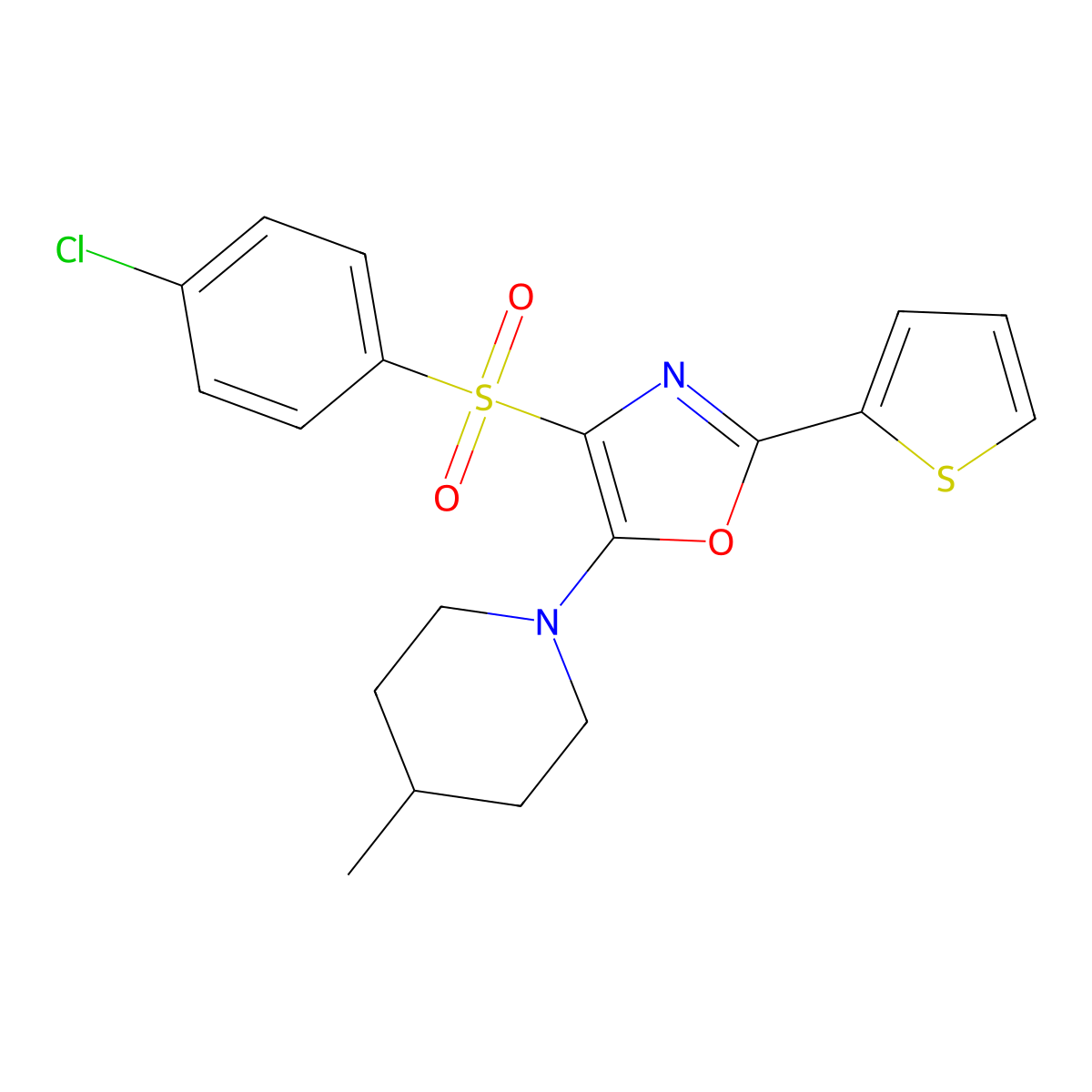 4-((4-Chlorophenyl)sulfonyl)-5-(4-methylpiperidin-1-yl)-2-(thiophen-2-yl)oxazole molecular structure, CAS 627834-66-6