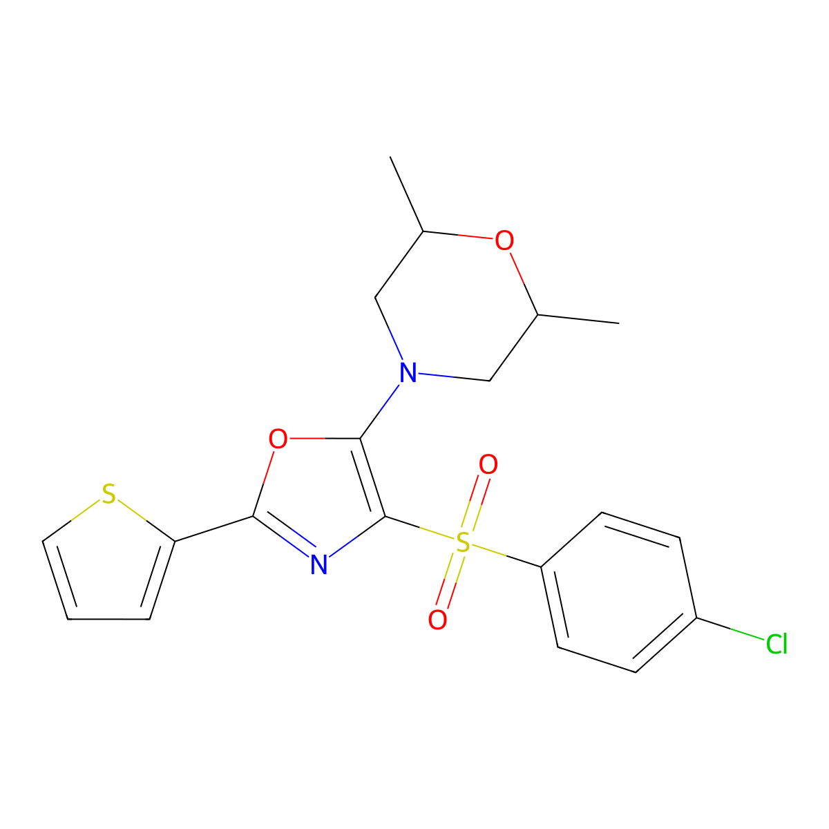 4-(4-((4-Chlorophenyl)sulfonyl)-2-(thiophen-2-yl)oxazol-5-yl)-2,6-dimethylmorpholine molecular structure, CAS 627834-67-7