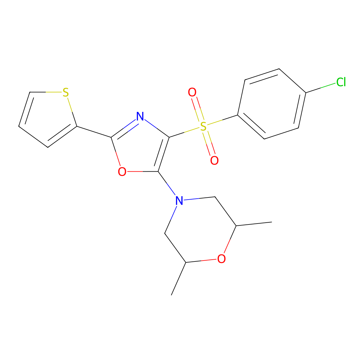 4-(4-((4-Chlorophenyl)sulfonyl)-2-(thiophen-2-yl)oxazol-5-yl)-2,6-dimethylmorpholine molecular structure, CAS 627834-67-7