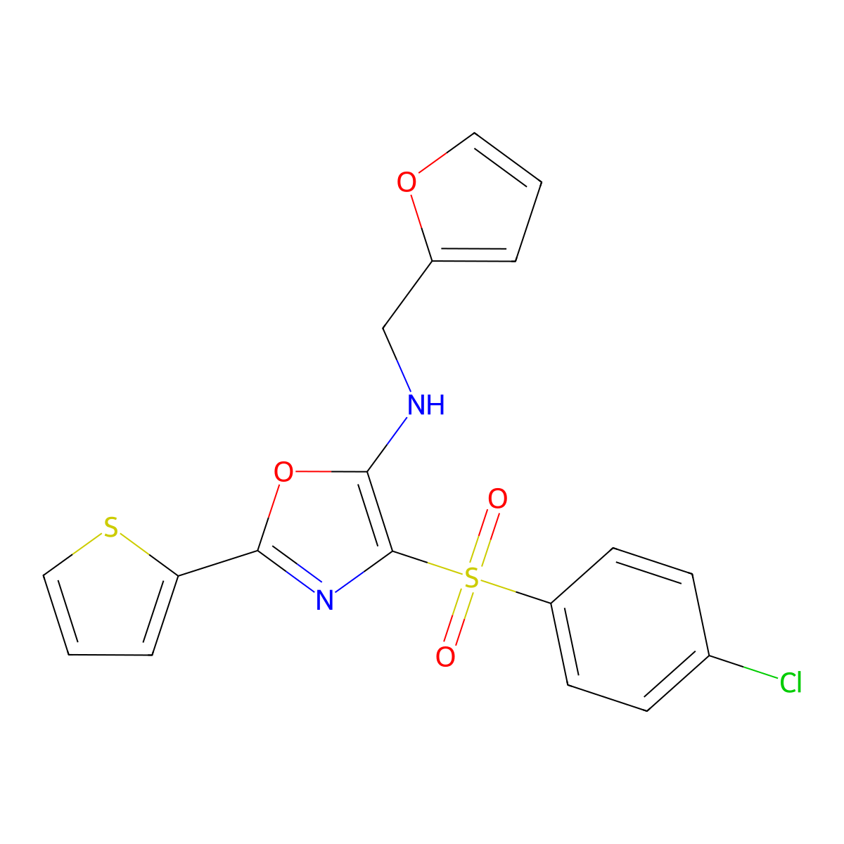 4-(4-chlorophenyl)sulfonyl-N-(furan-2-ylmethyl)-2-thiophen-2-yl-1,3-oxazol-5-amine molecular structure, CAS 627834-68-8
