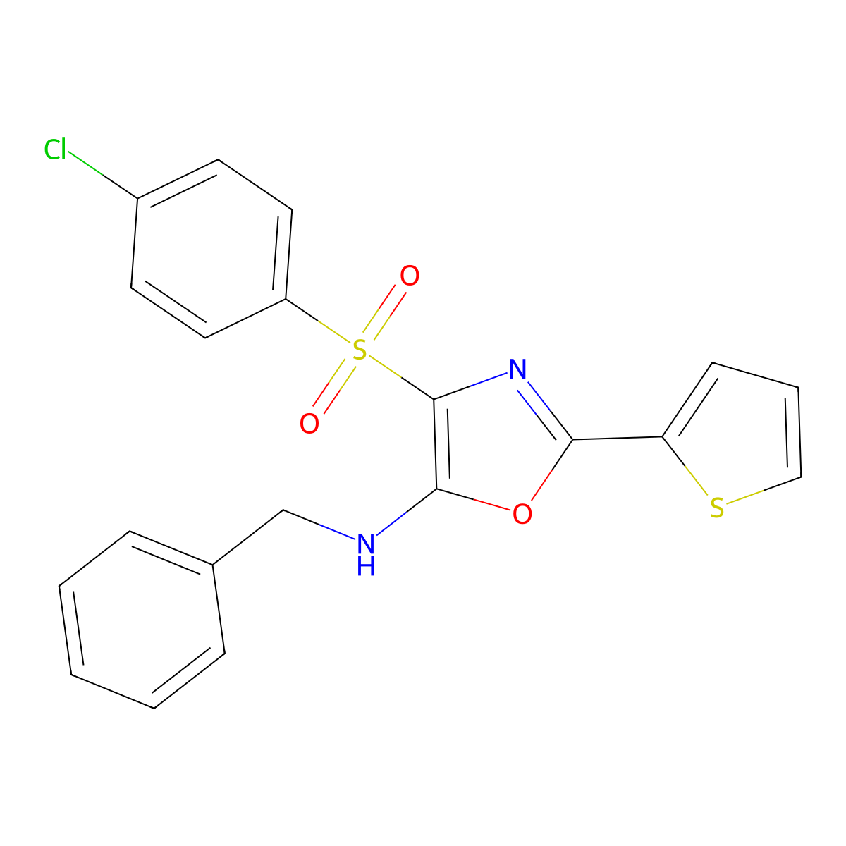 N-benzyl-4-(4-chlorophenyl)sulfonyl-2-thiophen-2-yl-1,3-oxazol-5-amine molecular structure, CAS 627834-70-2