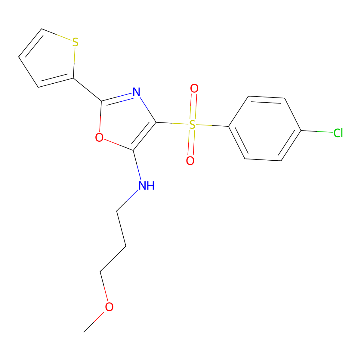 4-((4-chlorophenyl)sulfonyl)-N-(3-methoxypropyl)-2-(thiophen-2-yl)oxazol-5-amine molecular structure, CAS 627834-73-5